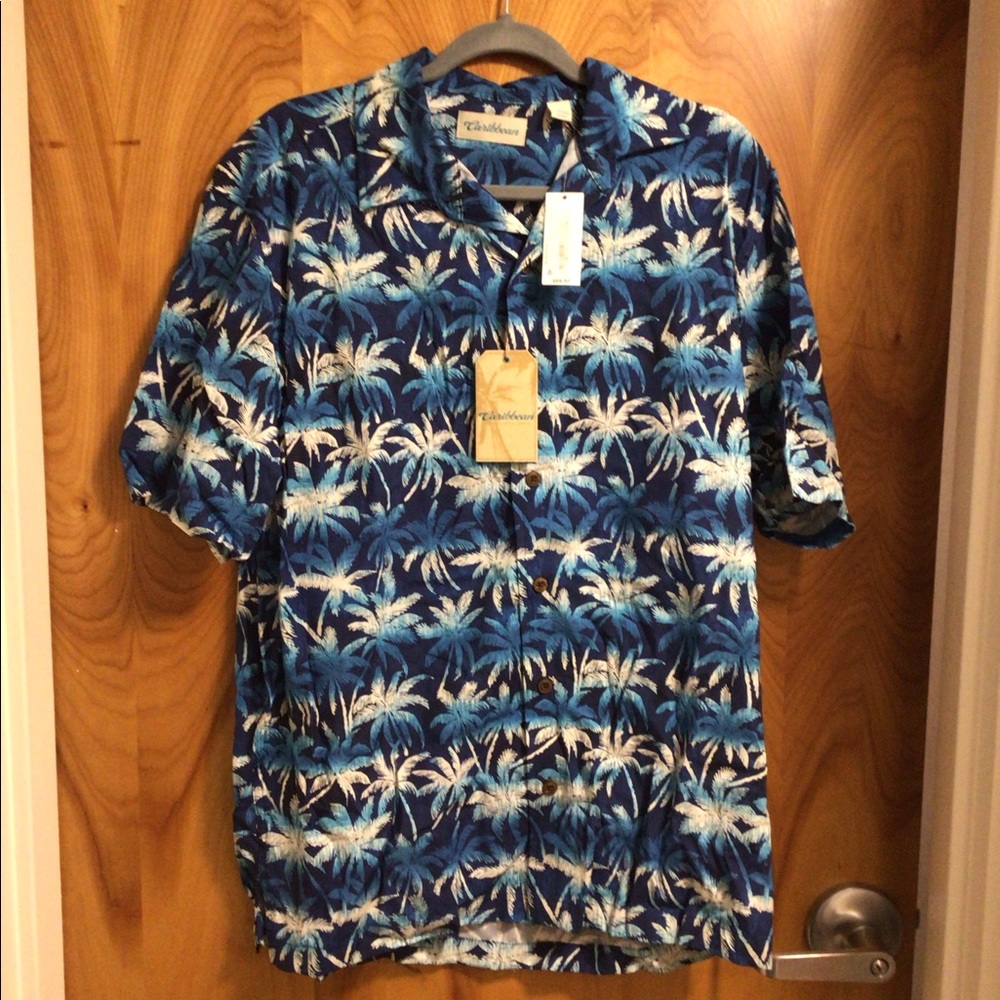 Caribbean palm tree button down blue shirt